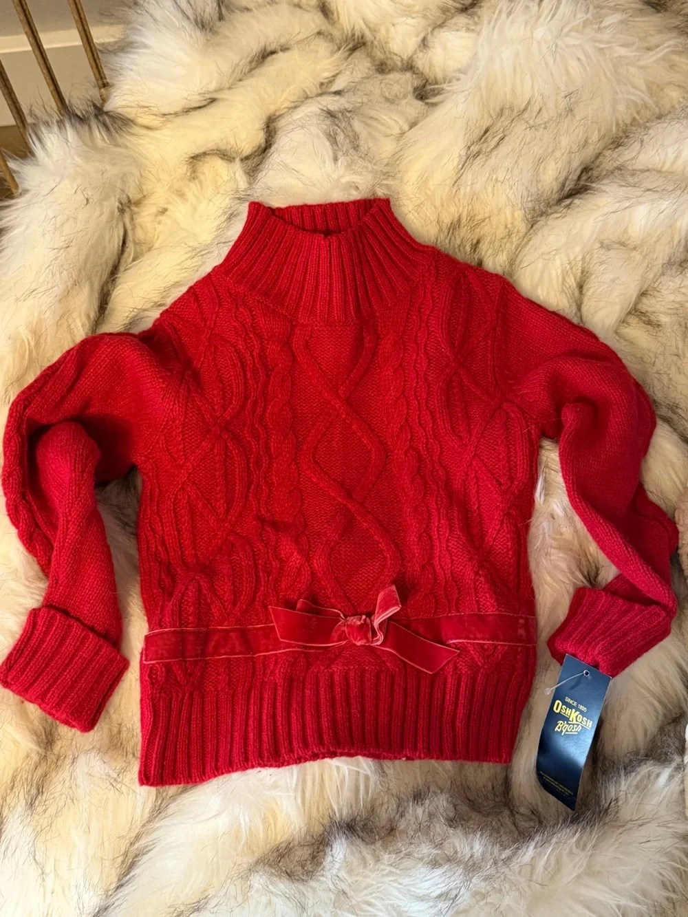 NWT OshKosh B'gosh Red Cable-Knit Mock Turtleneck Sweater with Velvet Bow